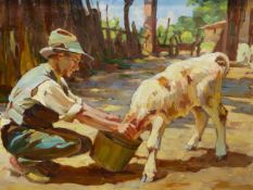 URSELLA (CONTEMPORARY SCHOOL). FEEDING TIME. OIL ON CANVAS, SIGNED. 56 x 72cms.