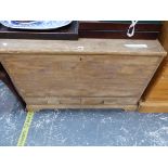 AN ANTIQUE PINE MULE CHEST ON BRACKET FEET. W 95 x D 54 x H 64cms.