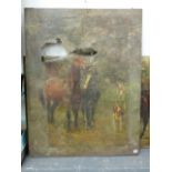 19th/20th C. ENGLISH SCHOOL TWO UNFRAMED SCENES OF HORSES AND HOUNDS, OIL ON CANVAS, UNFRAMED 112