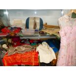 A COLLECTION OF INTERESTING VINTAGE TEXTILES, LACE MAKING BOBBINS, A CUSHION ETC.