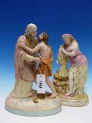 A TINTED PARIAN GROUP OF THE PRODIGAL SONS RETURN. H 34cms. TOGETHER WITH ANOTHER OF A LADY