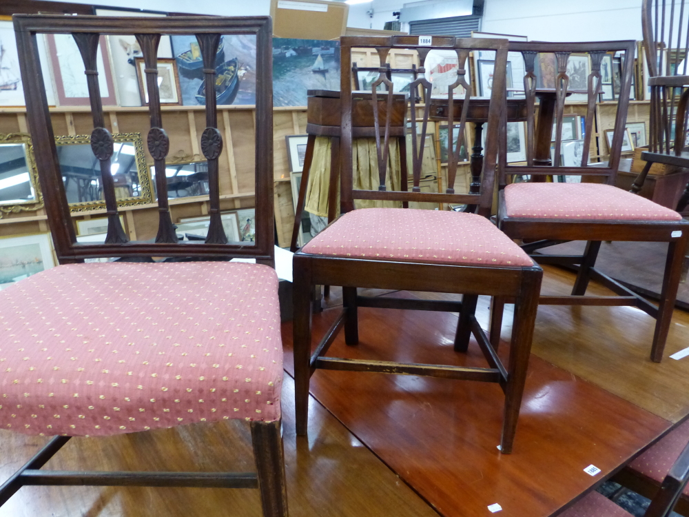 SIX SIMILAR 19th C. MAHOGANY DINING CHAIRS, EACH WITH DROP IN SEATS ABOVE CHANNELLED TAPERING SQUA