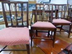 SIX SIMILAR 19th C. MAHOGANY DINING CHAIRS, EACH WITH DROP IN SEATS ABOVE CHANNELLED TAPERING SQUA