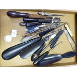 SIXTEEN BUTTON HOOKS WITH EBONY AND OTHER HANDLES, AN EBONY SHOEHORN, THREE SHOE HORN BUTTON HOOK