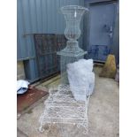 A LARGE WIREWORK URN ON STAND, TOGETHER WITH A PAIR OF THREE TIER WIREWORK POT SHELVES, ETC.