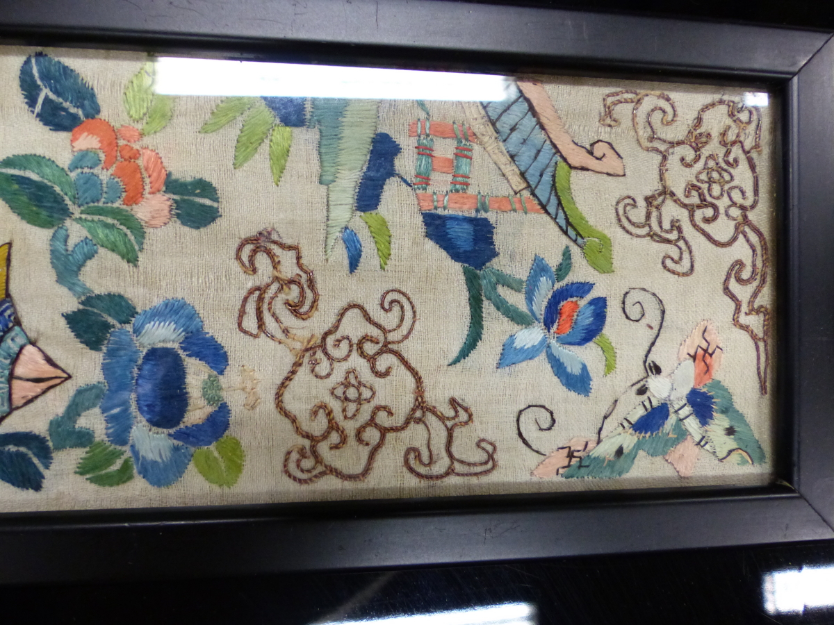 THREE CHINESE SLEEVE PANELS VARIOUSLY SILK EMBROIDERED WITH FLOWERS, BUTTERFLIES, PAVILIONS AND - Image 5 of 18