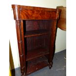 A PAIR OF REGENCY STYLE MAHOGANY OPEN BOOK SHELVES ON SPINDLE FEET. W 48 x D 25 x H 86cms.
