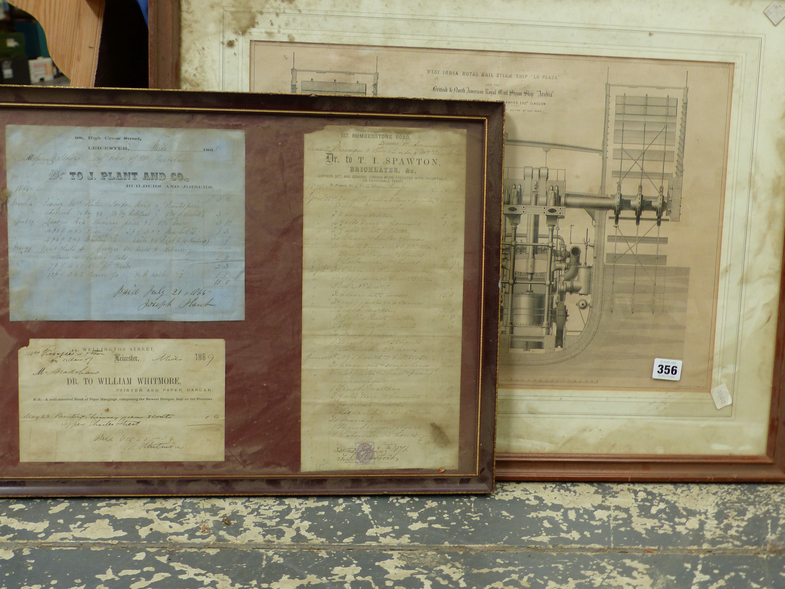 A VICTORIAN PRINT OF A CUT AWAY SECTION OF A STEAMSHIP ENGINE 35 x 50cm AND THREE PIECES OF EPHEMERA