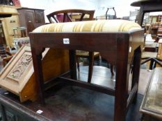 A 19th C. MAHOGANY STOOL, THE DROP IN SEAT ABOVE CANTED SQUARE LEGS