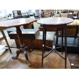 A MAHOGANY OCTAGONAL TRIPOD TABLE TOGETHER WITH A SATIN WOOD BANDED MAHOGANY ROUND TABLE ON TAPERING