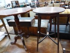 A MAHOGANY OCTAGONAL TRIPOD TABLE TOGETHER WITH A SATIN WOOD BANDED MAHOGANY ROUND TABLE ON TAPERING