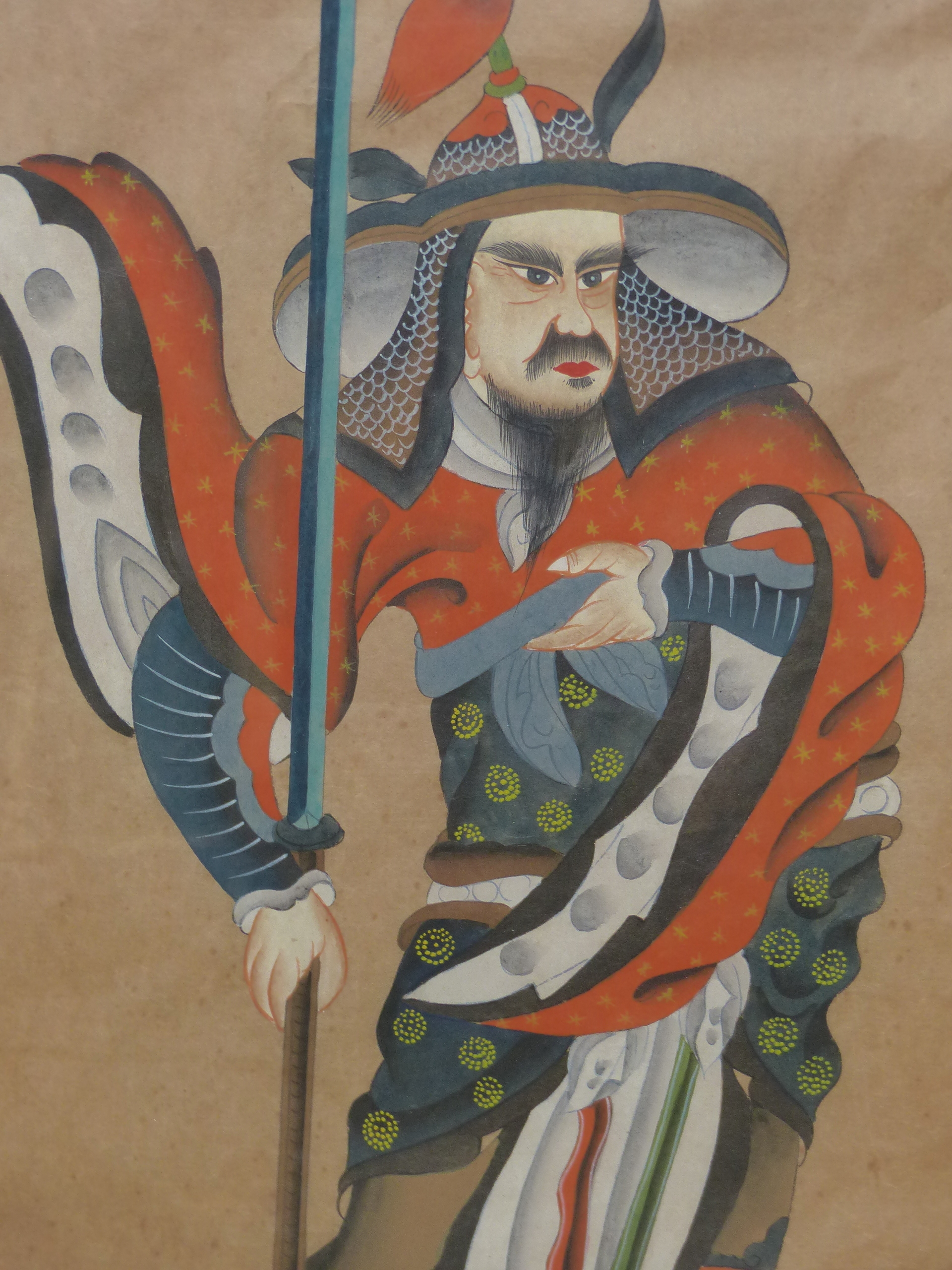 A CHINESE WATERCOLOUR DEPICTING A WARRIOR STANDING HOLDING A LONG BLADED SPEAR. 66 x 45cms.