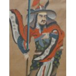 A CHINESE WATERCOLOUR DEPICTING A WARRIOR STANDING HOLDING A LONG BLADED SPEAR. 66 x 45cms.