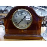 AN EDWARDIAN INLAID MANTLE CLOCK BY PHILLIPS OF LIVERPOOL.