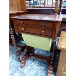 A VICTORIAN ROSEWOOD WORK TABLE WITH TWO DRAWERS AND WORK BAG BETWEEN BALUSTER PLANK SUPPORTS ON PAI
