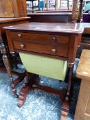 A VICTORIAN ROSEWOOD WORK TABLE WITH TWO DRAWERS AND WORK BAG BETWEEN BALUSTER PLANK SUPPORTS ON PAI