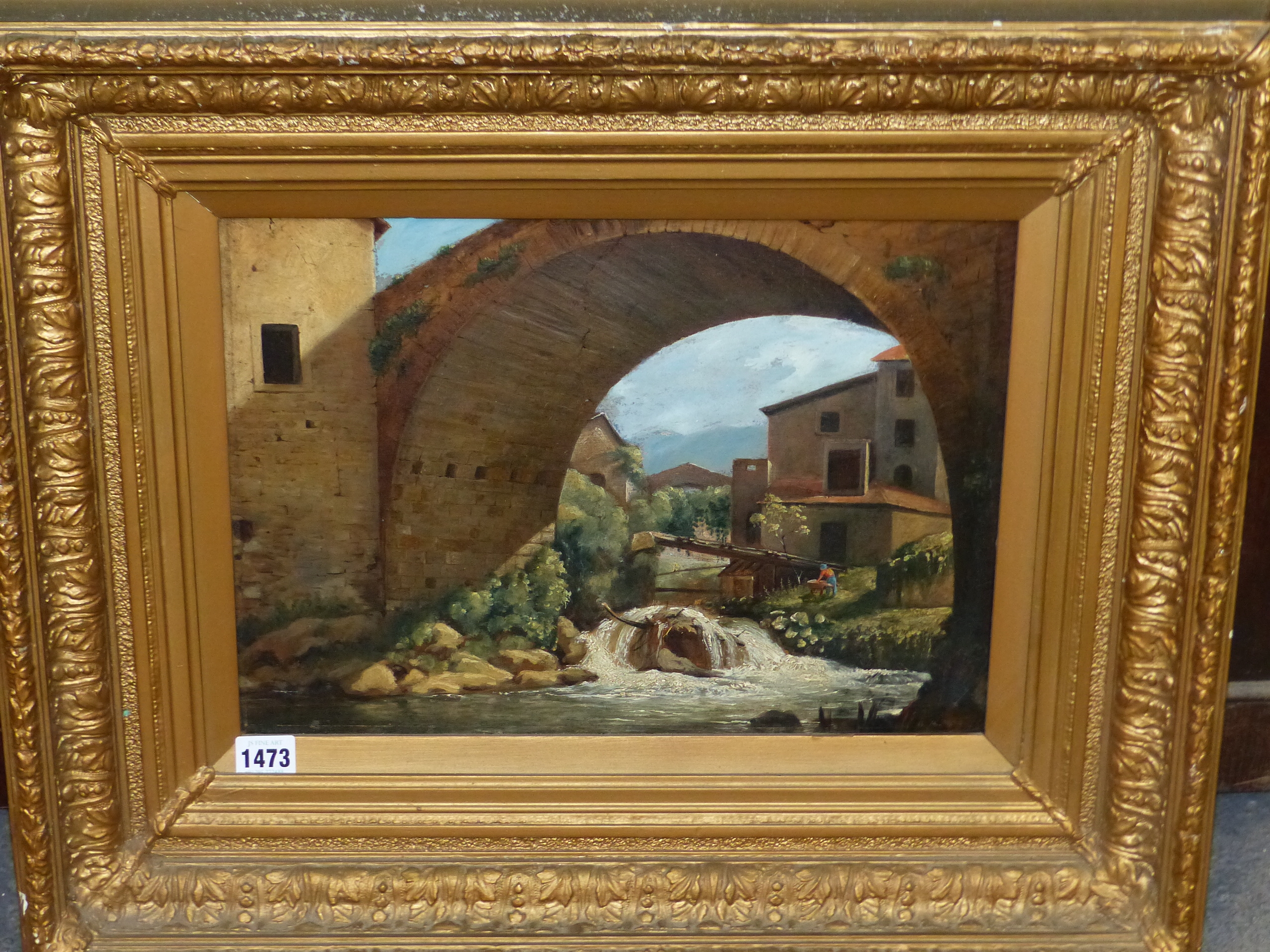 19th / 20th C CONTINENTAL SCHOOL. A NORTH ITALIAN RIVERSIDE VILLAGE, INDISTINCTLY INITIALLED OIL - Image 3 of 10