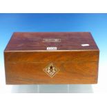 A VICTORIAN ROSEWOOD WORK BOX, THE BLUE INTERIOR TRAY FITTED WITH SIX MOTHER OF PEARL SPOOLS, A