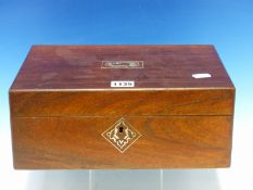 A VICTORIAN ROSEWOOD WORK BOX, THE BLUE INTERIOR TRAY FITTED WITH SIX MOTHER OF PEARL SPOOLS, A