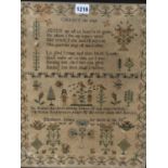 ELIZABETH JAMES, HER 1838 SAMPLER WITH VERSES, FIGURES AND FLOWERS WITHIN A VINE BORDER. 43 x 33cms.