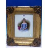A GILT FRAMED PORTRAIT OF A DARK HAIRED GIRL ON MILK GLASS, SIGNED S CHESTERS 1848, SHE SITS BY A