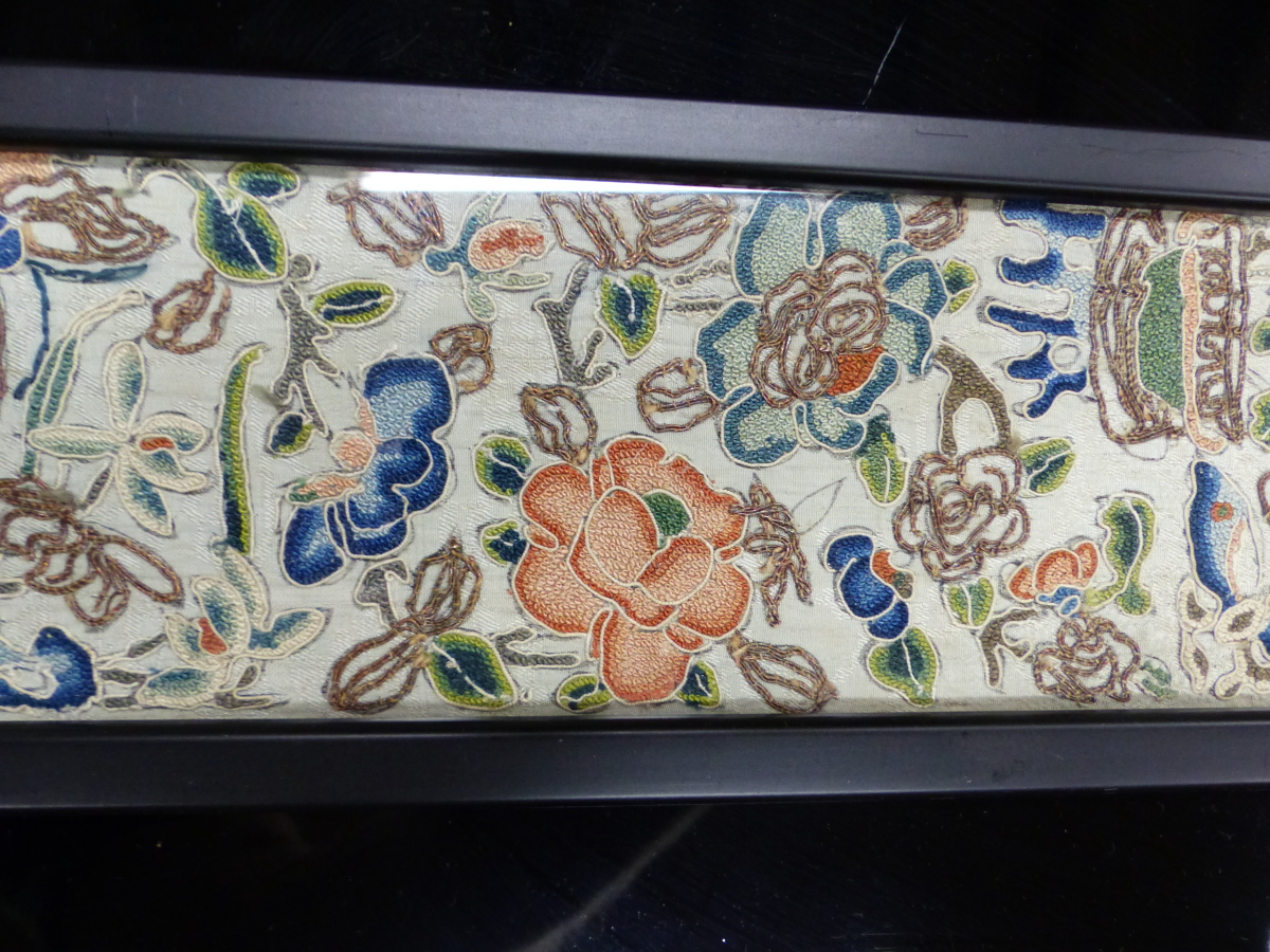 THREE CHINESE SLEEVE PANELS VARIOUSLY SILK EMBROIDERED WITH FLOWERS, BUTTERFLIES, PAVILIONS AND - Image 3 of 18