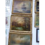 FOUR DECORATIVE LANDSCAPE OIL PAINTINGS (THREE WITH GILT FRAMES) AND A PICTURE OF A INTERIOR (5)