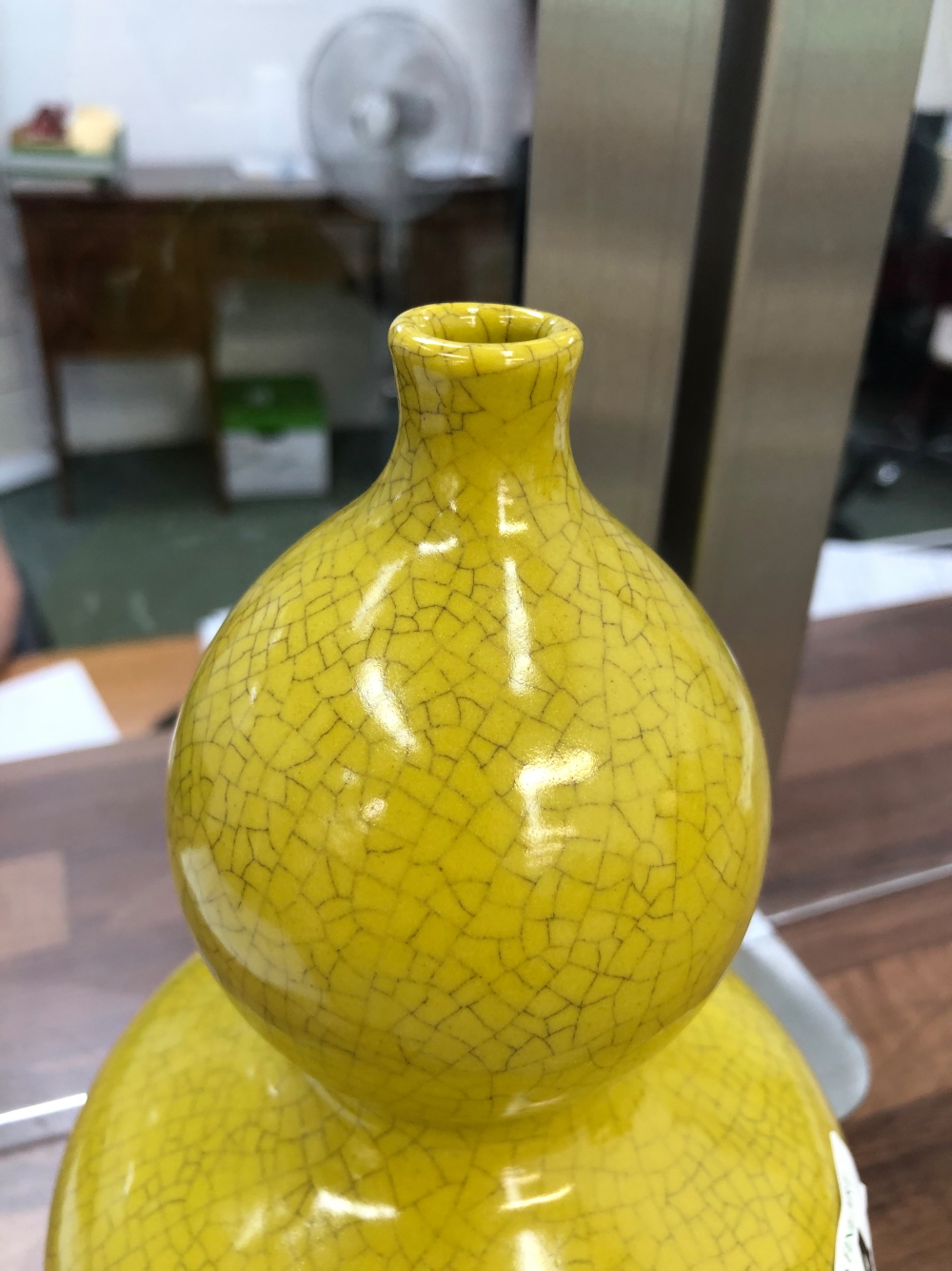 AN ORIENTAL DOUBLE GOURD VASE WITH YELLOW GLAZE. - Image 9 of 15