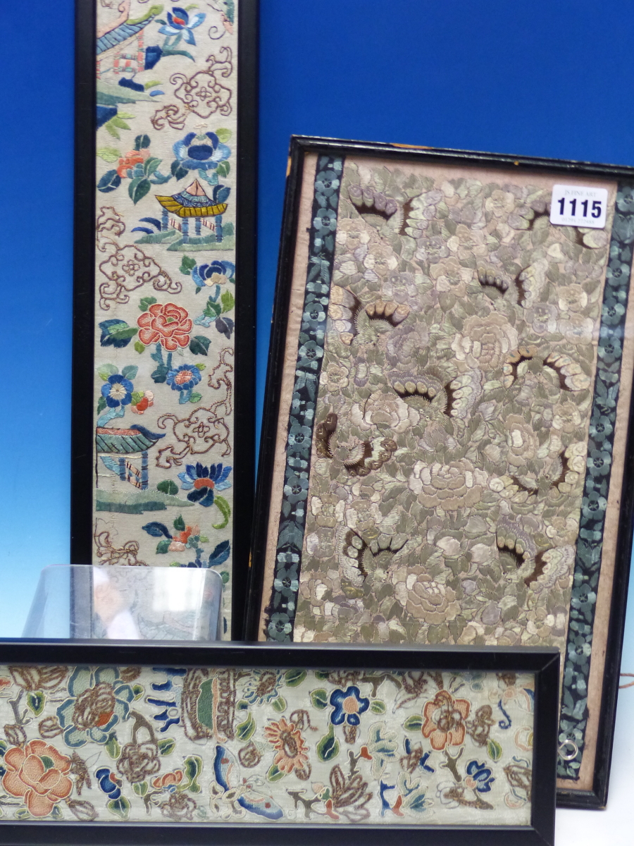 THREE CHINESE SLEEVE PANELS VARIOUSLY SILK EMBROIDERED WITH FLOWERS, BUTTERFLIES, PAVILIONS AND - Image 12 of 18