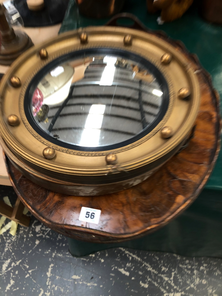 A YEW WOOD VENEER TRAY AND TWO MIRRORS.