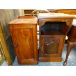 TWO 19th C. BEDSIDE CABINETS. THE CARVED EXAMPLE W 42 X D 40 X H 80CMS, THE FLAME MAHOGANY EXAMPLE W