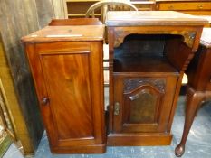 TWO 19th C. BEDSIDE CABINETS. THE CARVED EXAMPLE W 42 X D 40 X H 80CMS, THE FLAME MAHOGANY EXAMPLE W