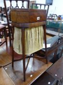 A 19th C. MAHOGANY WORK TABLE WITH INTERIOR TRAY LIFTING OUT TO ACCESS THE WORK BAG BETWEEN THE