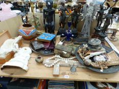 A PUNCH AND JUDY DOORSTOP, AN ENGLISH WIG, TWO PAIRS OF SPELTER FIGURES, A CARVED AFRICAN FIGURE,