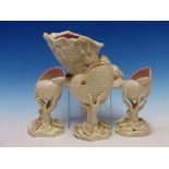 FOUR 19th C. ROYAL WORCESTER GLAZED PARIAN PINK TINTED SHELLS HELD UP ON CORAL AND FURTHER SHELLS,