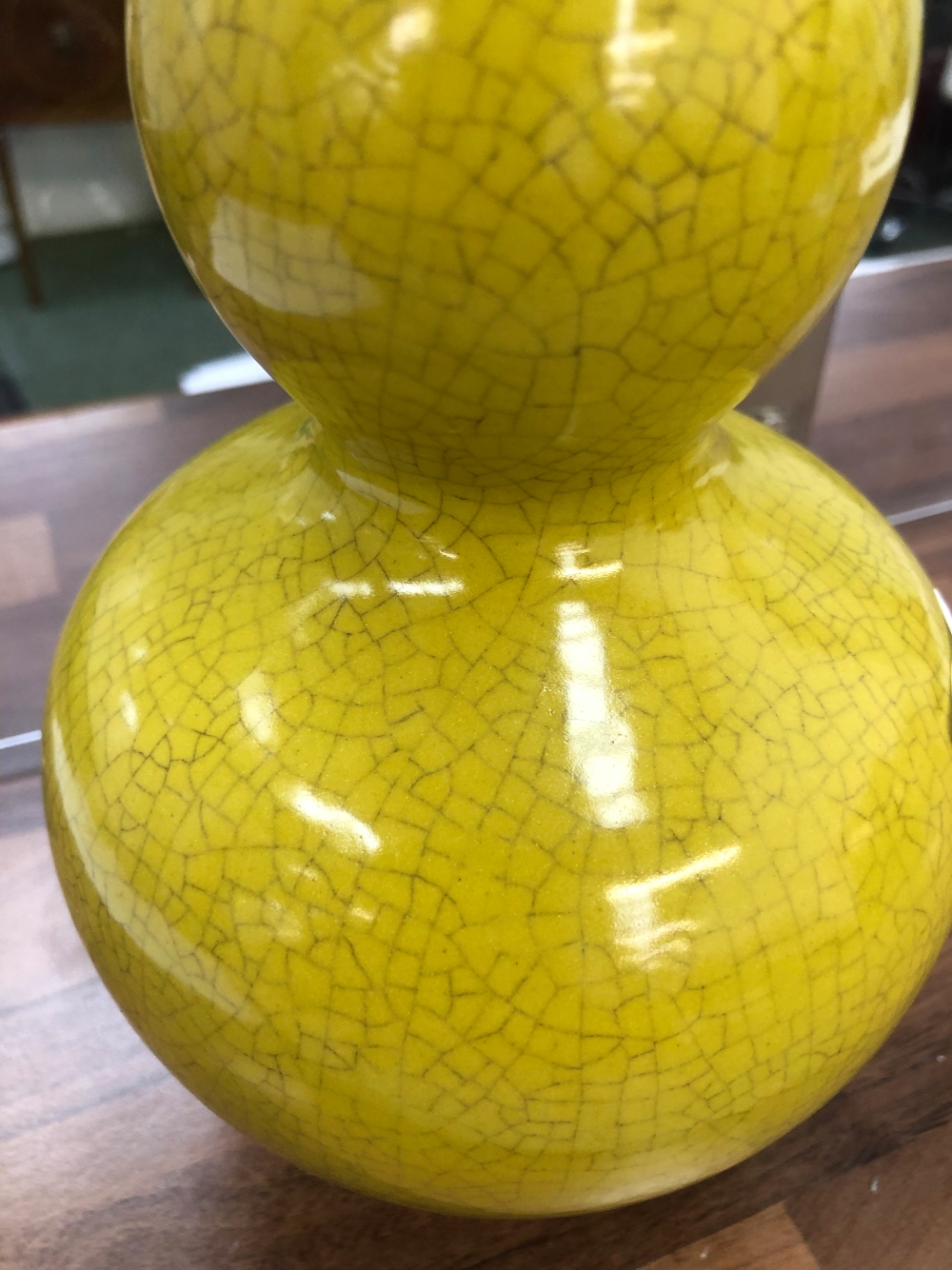 AN ORIENTAL DOUBLE GOURD VASE WITH YELLOW GLAZE. - Image 10 of 15