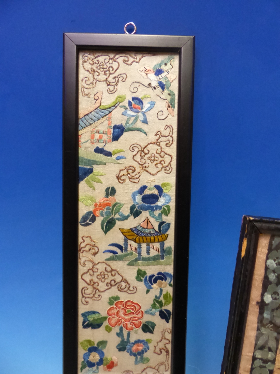 THREE CHINESE SLEEVE PANELS VARIOUSLY SILK EMBROIDERED WITH FLOWERS, BUTTERFLIES, PAVILIONS AND - Image 14 of 18