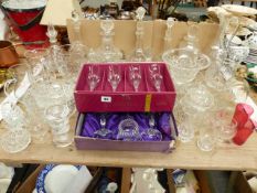 TWO BOX SETS OF WINE GLASSES, QUANTITY OF DECANTERS, PERFUME BOTTLES ETC.