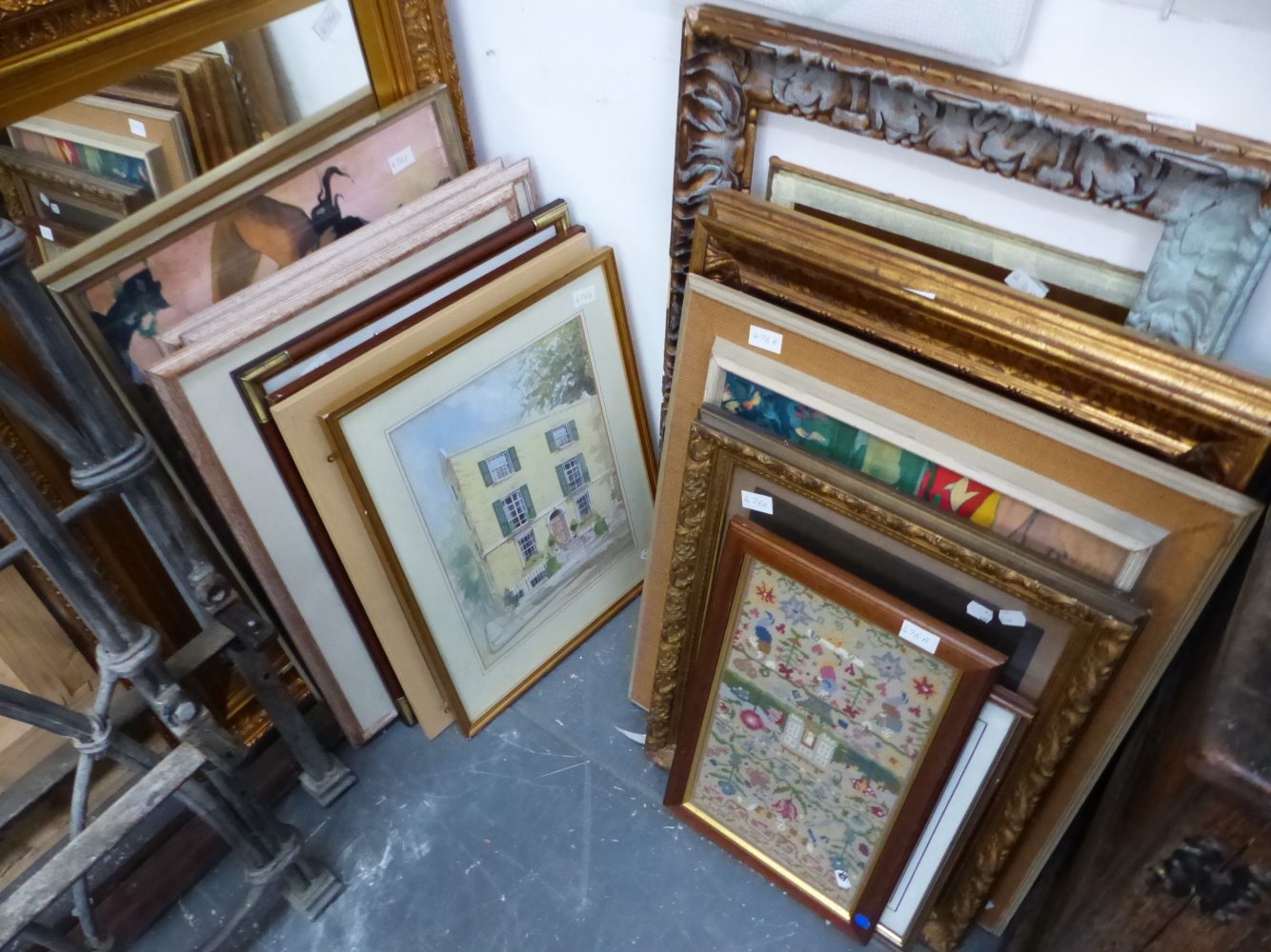 A LARGE QUANTITY OF DECORATIVE PICTURES, SIZES VARY, TOGETHER WITH TWO GILT FRAMED MIRRORS.