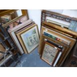 A LARGE QUANTITY OF DECORATIVE PICTURES, SIZES VARY, TOGETHER WITH TWO GILT FRAMED MIRRORS.