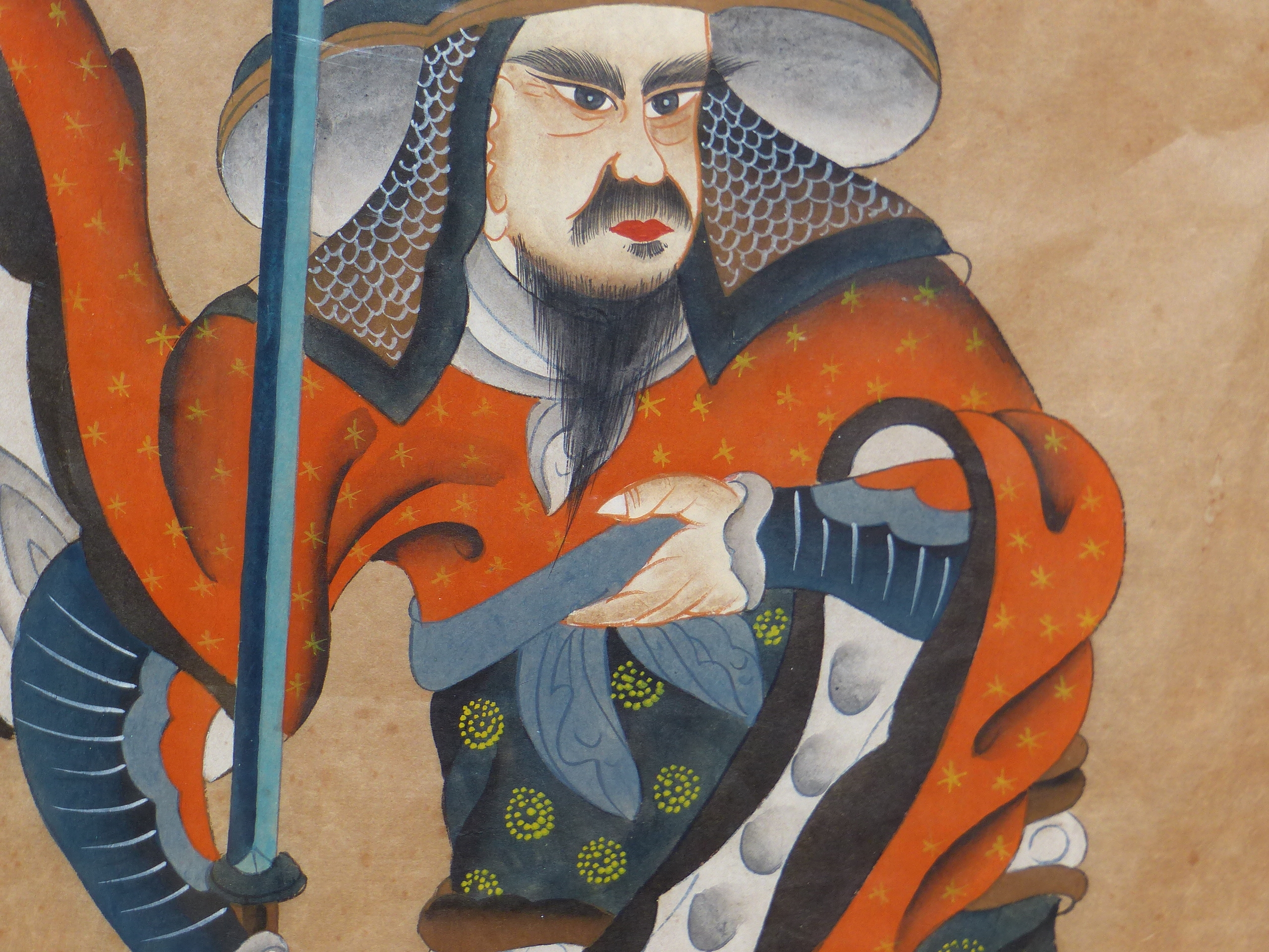 A CHINESE WATERCOLOUR DEPICTING A WARRIOR STANDING HOLDING A LONG BLADED SPEAR. 66 x 45cms. - Image 5 of 8