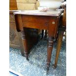 A VICTORIAN MAHOGANY PEMBROKE TABLE, THE ROUNDED RECTANGULAR TOP ON CYLINDRICAL LEGS TAPERING TO BRA