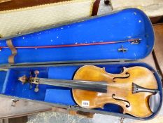 A VINTAGE STADIVARIUS PATTERN VIOLIN, BOW AND CASE. L.O.B 40cms.