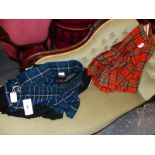THREE LARGE KILTS AND A SECTION OF TARTAN FABRIC, TWO KILTS BY ROYAL MILE EDINBURGH. SIZE 46.