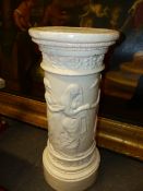 A LARGE POTTERY RELIEF DECORATED PEDESTAL. DIAMETER DIAMETER 36 X H 86cms.