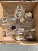 VARIOUS ANTIQUE HALLMARKED SILVER MOUNTED GLASS JARS.