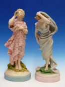 TWO TINTED PARIAN FIGURES OF LADIES, ONE SIPPING NECTAR FROM A MORNING GLORY FLOWER AND THE OTHER