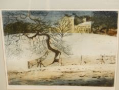 CONTEMPORARY BRITISH SCHOOL. SNOW AT KENWOOD, PENCIL SIGNED LIMITED EDITION COLOUR ETCHING. 36 x