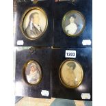 FOUR BLACK FRAMED PORTRAIT MINIATURES, ONE OF THE TWO PORTRAITS OF LADIES INSCRIBED ON THE BACK