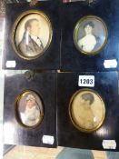 FOUR BLACK FRAMED PORTRAIT MINIATURES, ONE OF THE TWO PORTRAITS OF LADIES INSCRIBED ON THE BACK